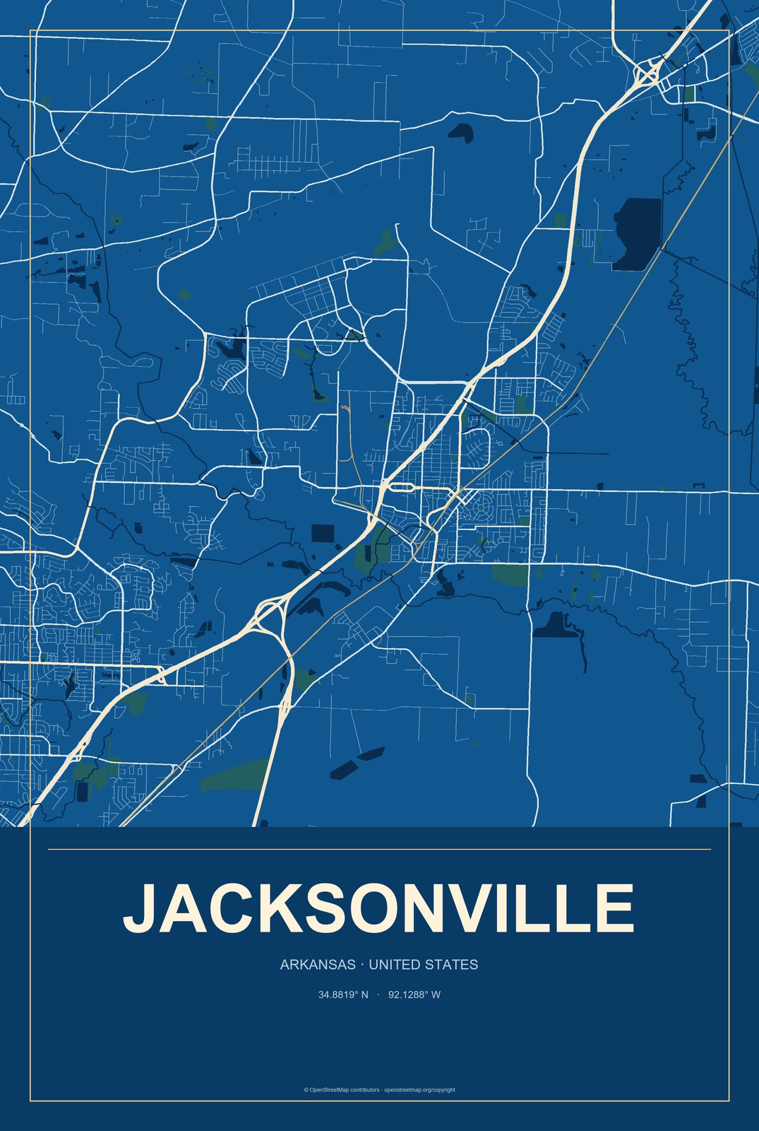 Jacksonville, Arkansas City Map Aluminum Sign in Harbor Cobalt style