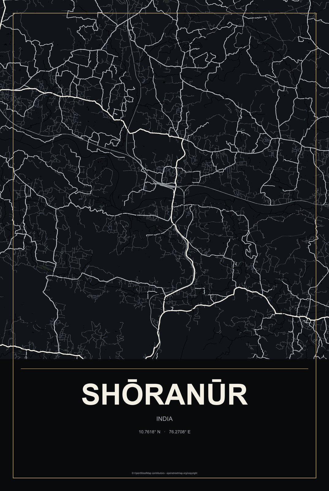 Shōranūr, India City Map Aluminum Sign in Metropolitan Noir style