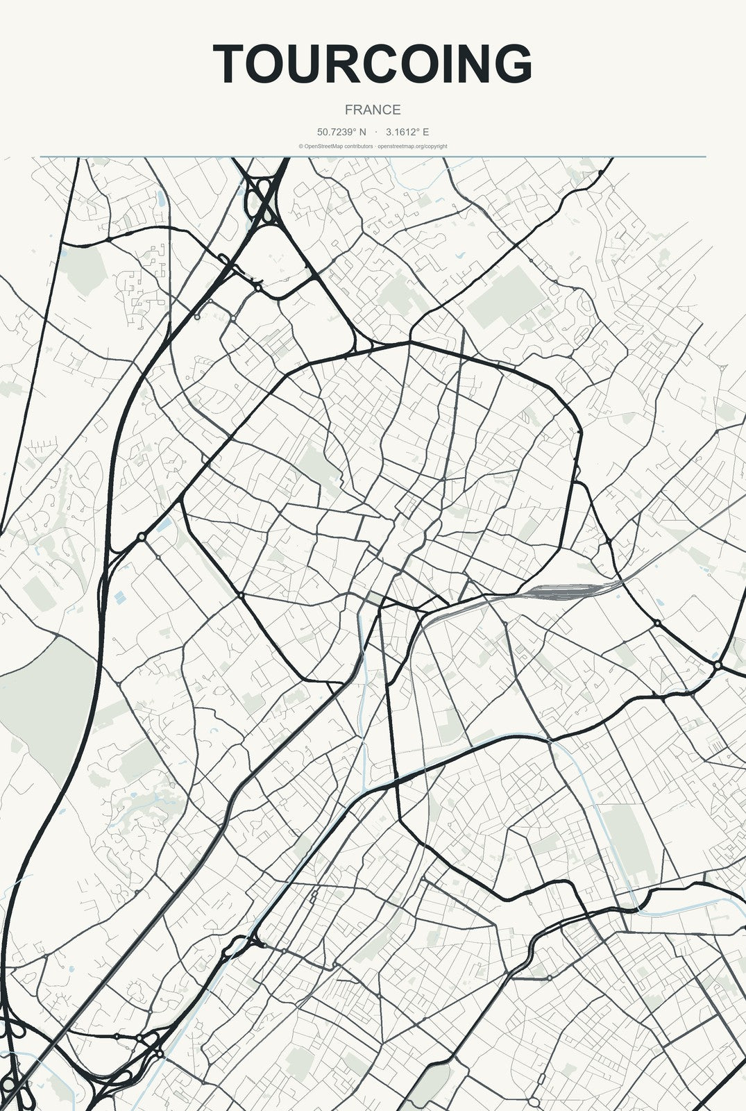 Tourcoing, France City Map Aluminum Sign in Headline Atlas style