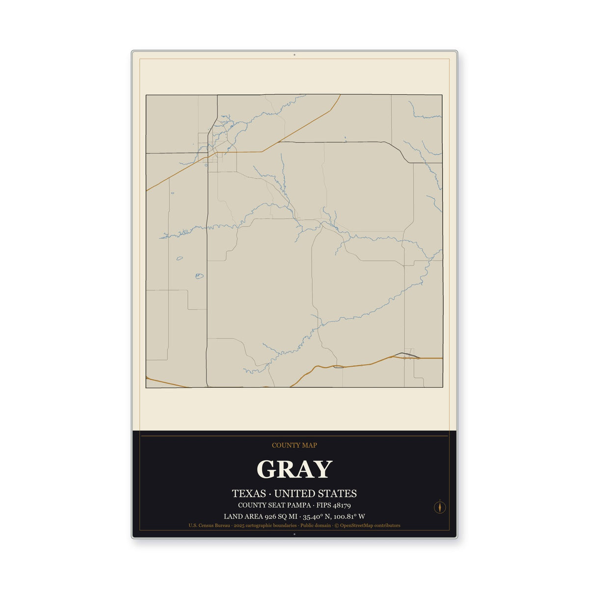 Gray County, Texas Map Aluminum Sign in Museum Plaque style