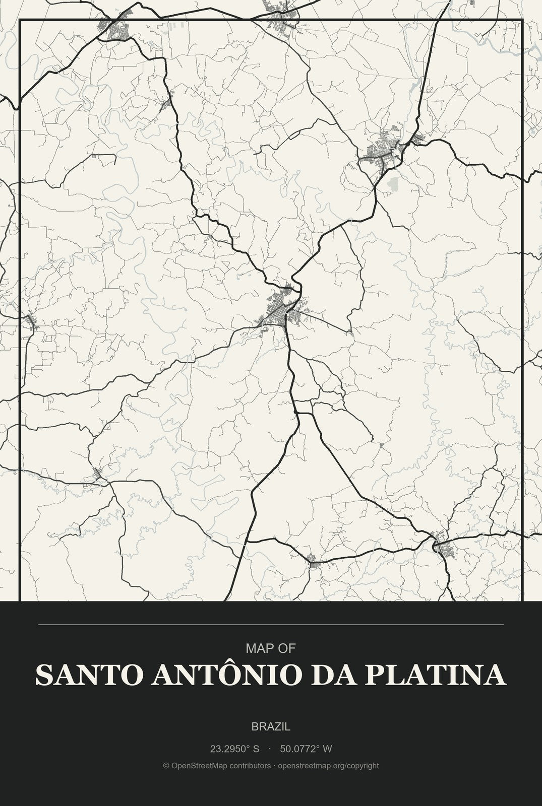 Santo Antônio da Platina, Brazil City Map Aluminum Sign in Museum Plaque style