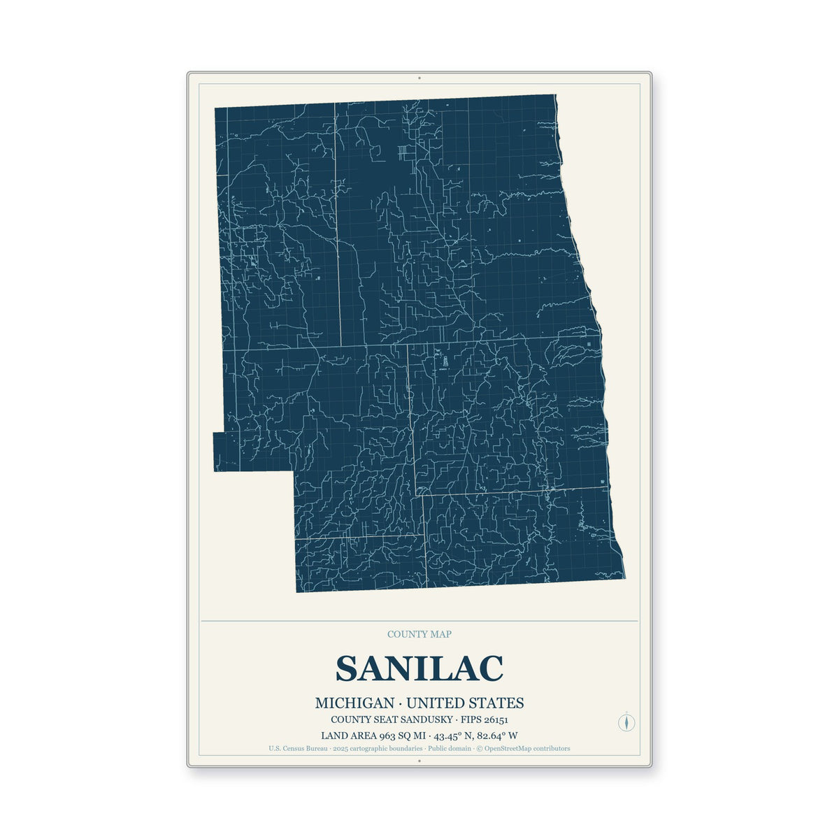 Sanilac County, Michigan Map Aluminum Sign in Coastal Cutout style