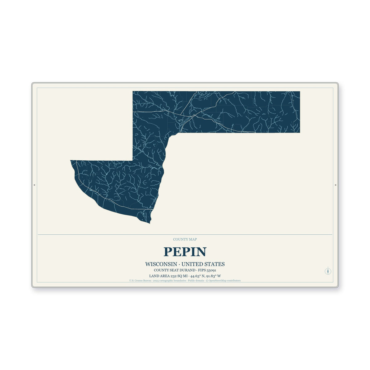 Pepin County, Wisconsin Map Aluminum Sign in Coastal Cutout style
