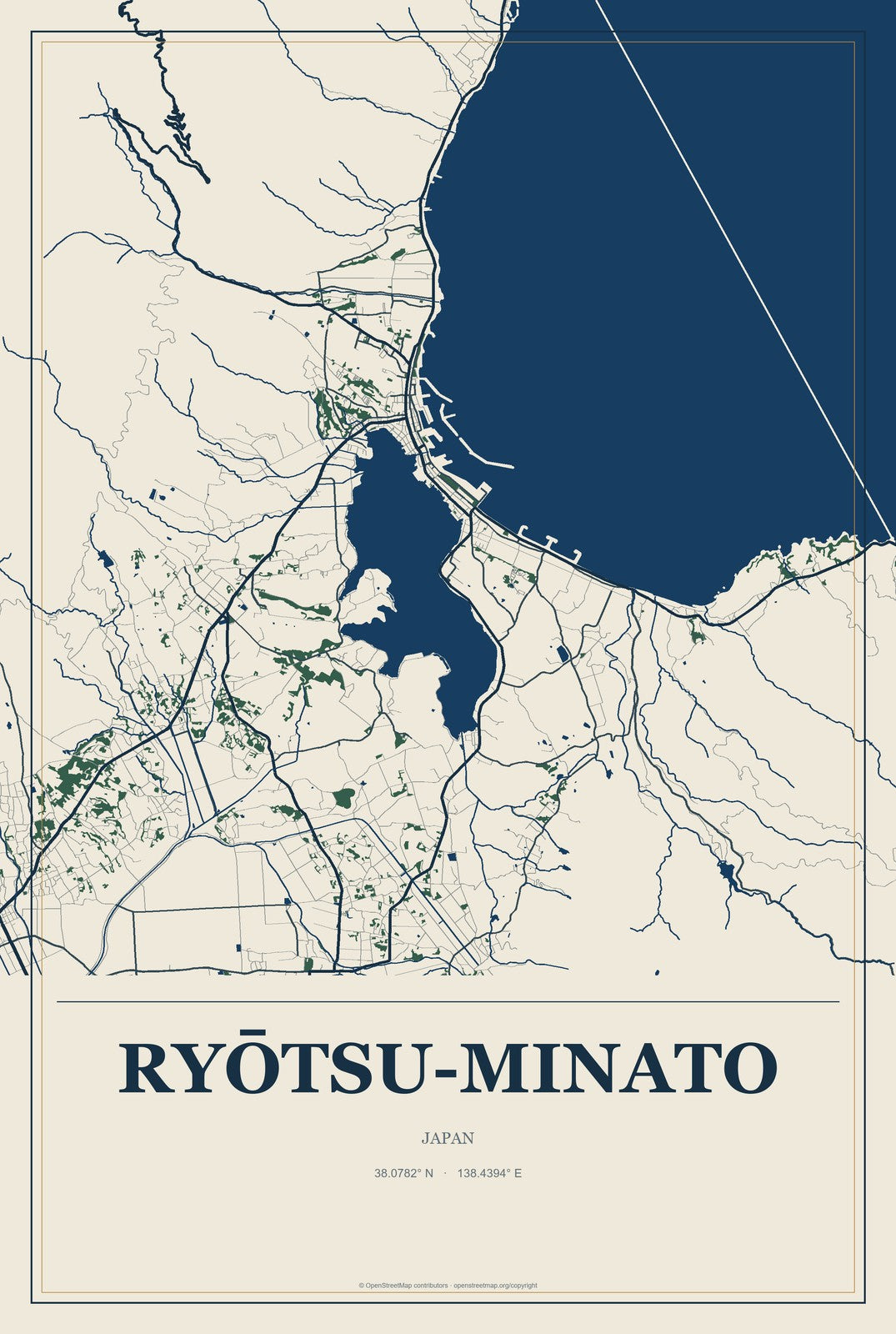 Ryōtsu-minato, Japan City Map Aluminum Sign in Coastal Cutout style