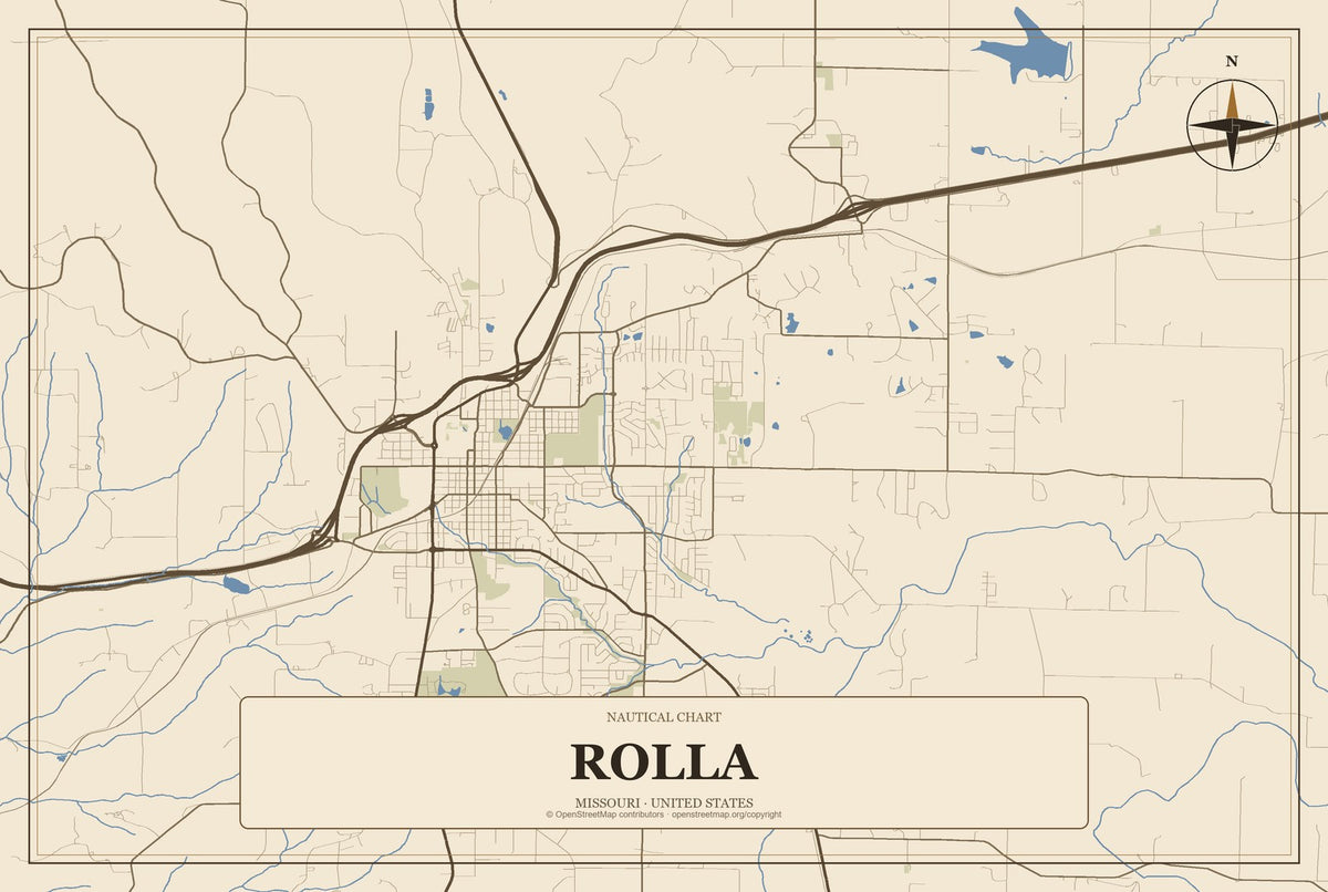 Rolla, Missouri City Map Aluminum Sign in Heritage Nautical style