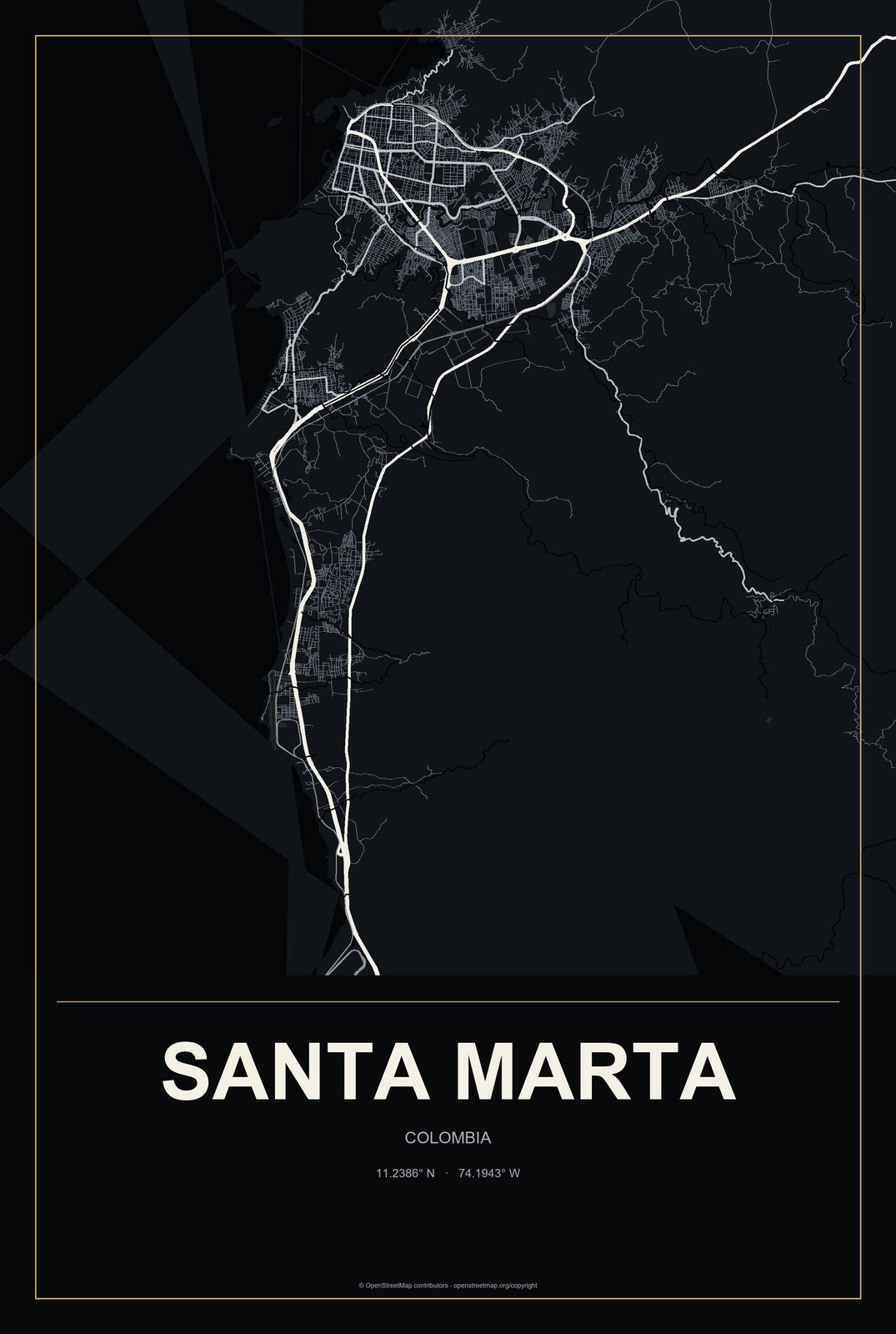 Santa Marta, Colombia City Map Aluminum Sign in Metropolitan Noir style