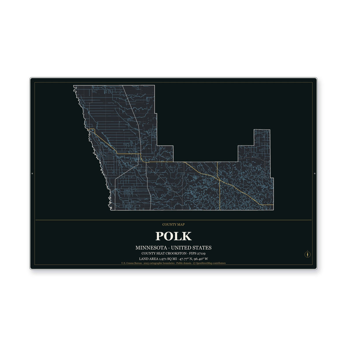 Polk County, Minnesota Map Aluminum Sign in Metropolitan Noir style