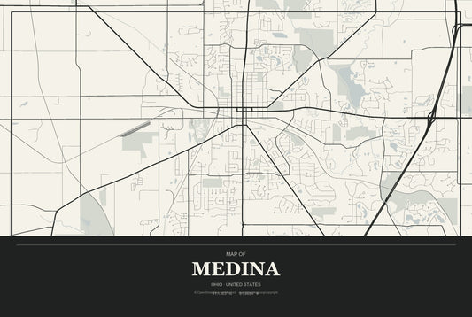 Medina, Ohio City Map Aluminum Sign in Museum Plaque style