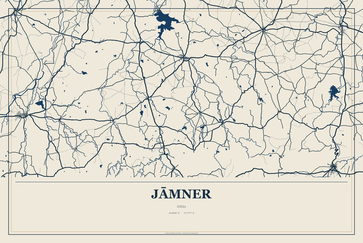 Jāmner, India City Map Aluminum Sign in Coastal Cutout style