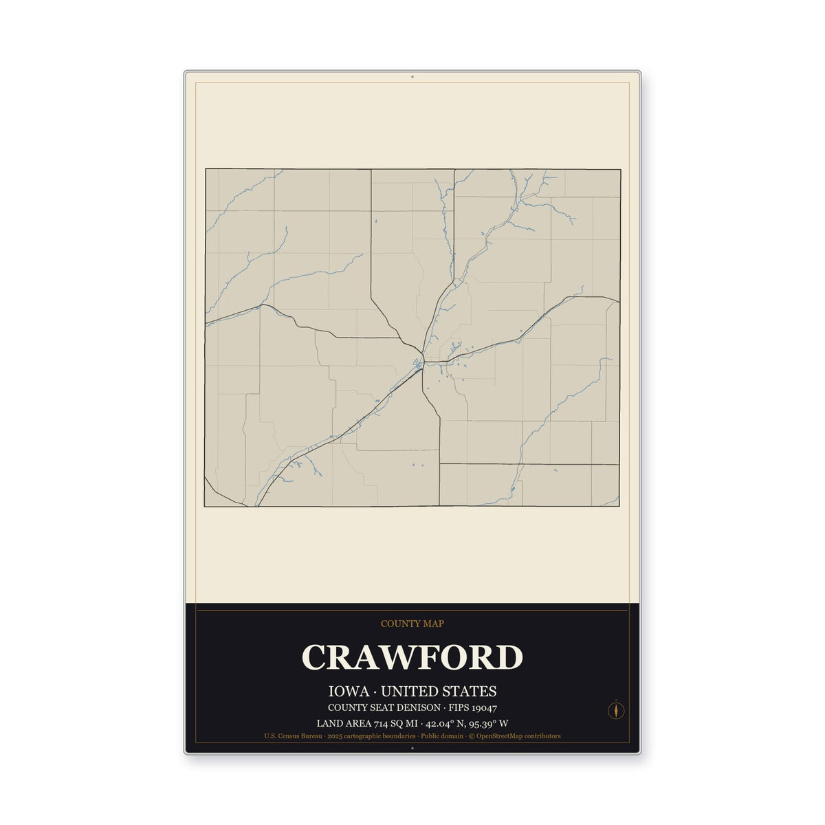 Crawford County, Iowa Map Aluminum Sign in Museum Plaque style