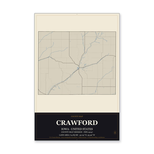 Crawford County, Iowa Map Aluminum Sign in Museum Plaque style