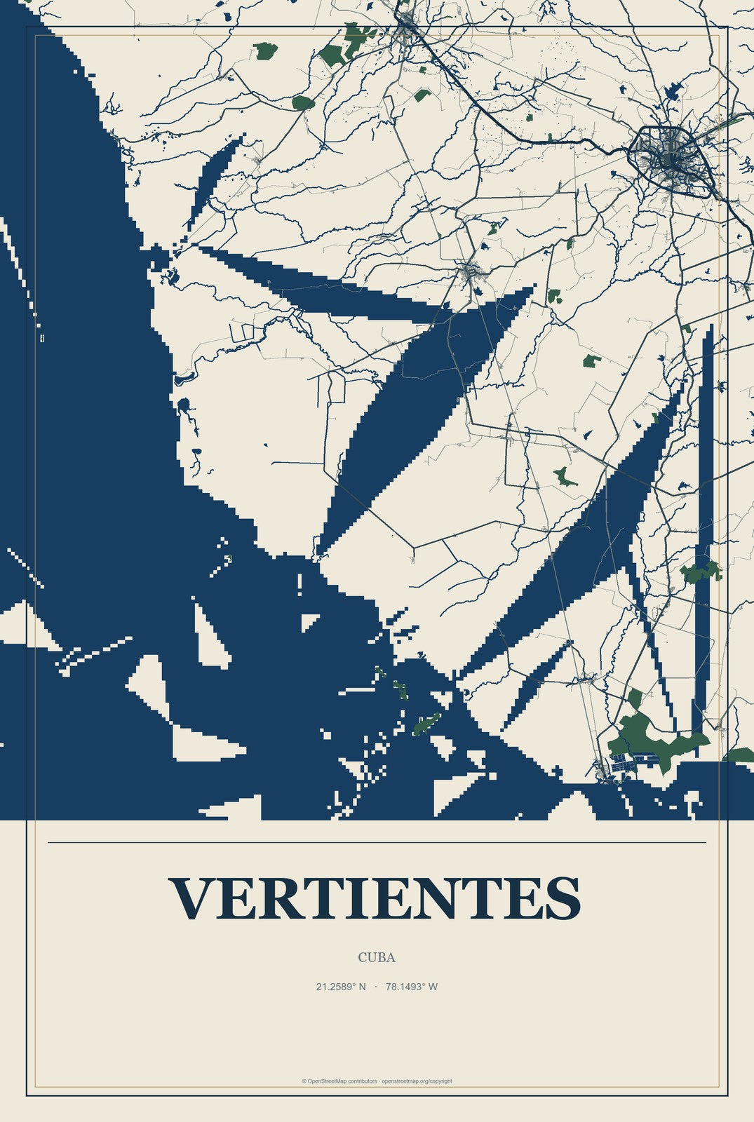 Vertientes, Cuba City Map Aluminum Sign in Coastal Cutout style
