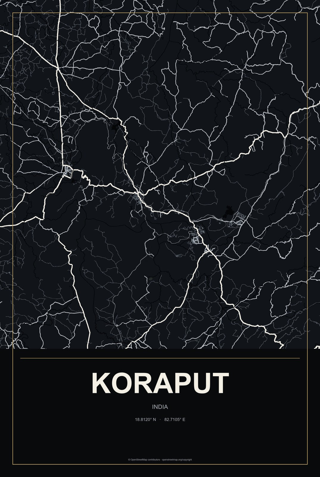 Koraput, India City Map Aluminum Sign in Metropolitan Noir style