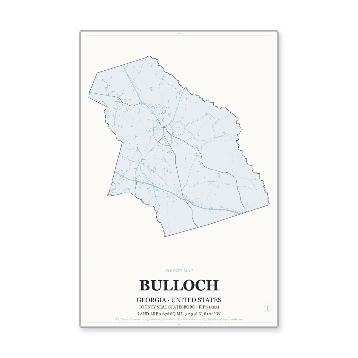 Bulloch County, Georgia Map Aluminum Sign in Gallery Air style