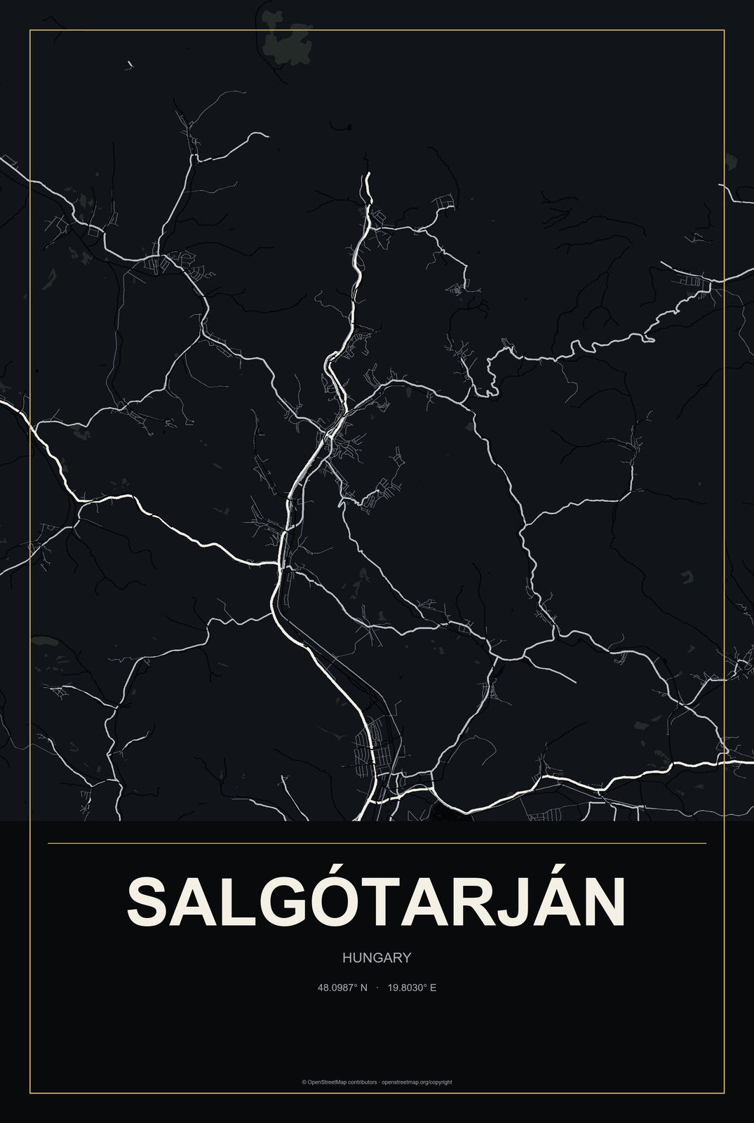 Salgótarján, Hungary City Map Aluminum Sign in Metropolitan Noir style