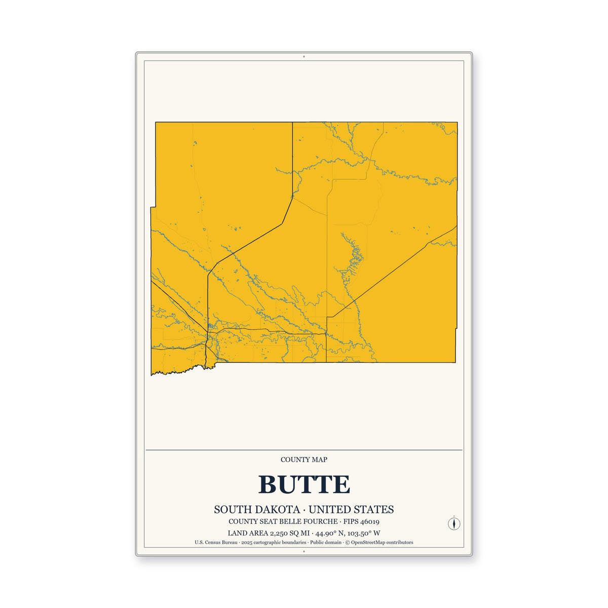 Butte County, South Dakota Map Aluminum Sign in Citrine Modern style