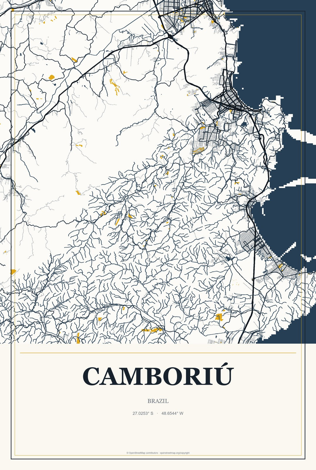 Camboriú, Brazil City Map Aluminum Sign in Citrine Modern style