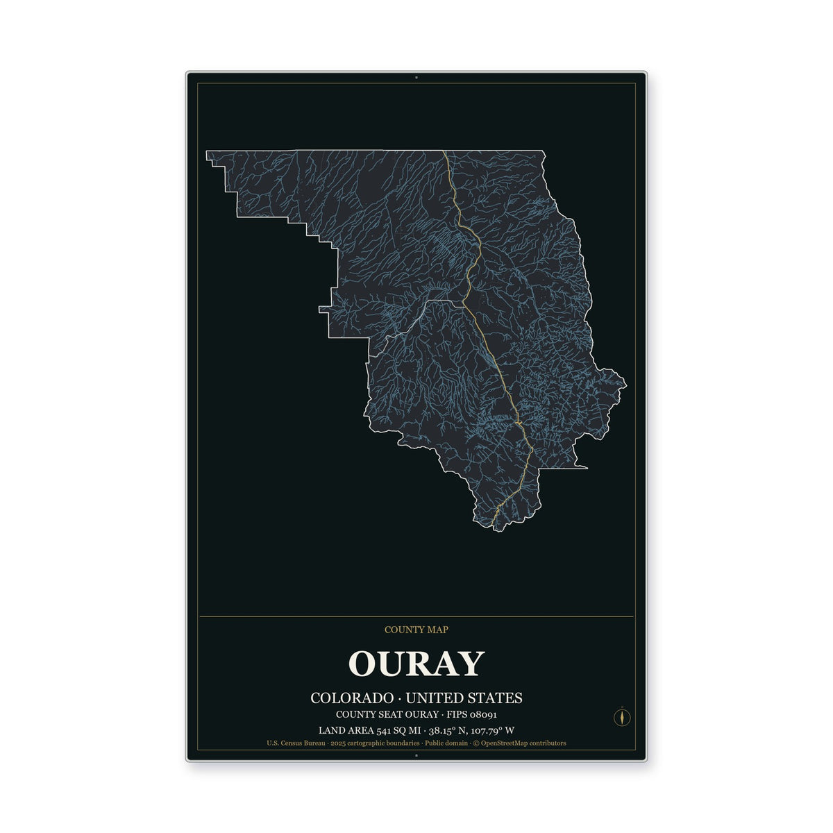 Ouray County, Colorado Map Aluminum Sign in Metropolitan Noir style