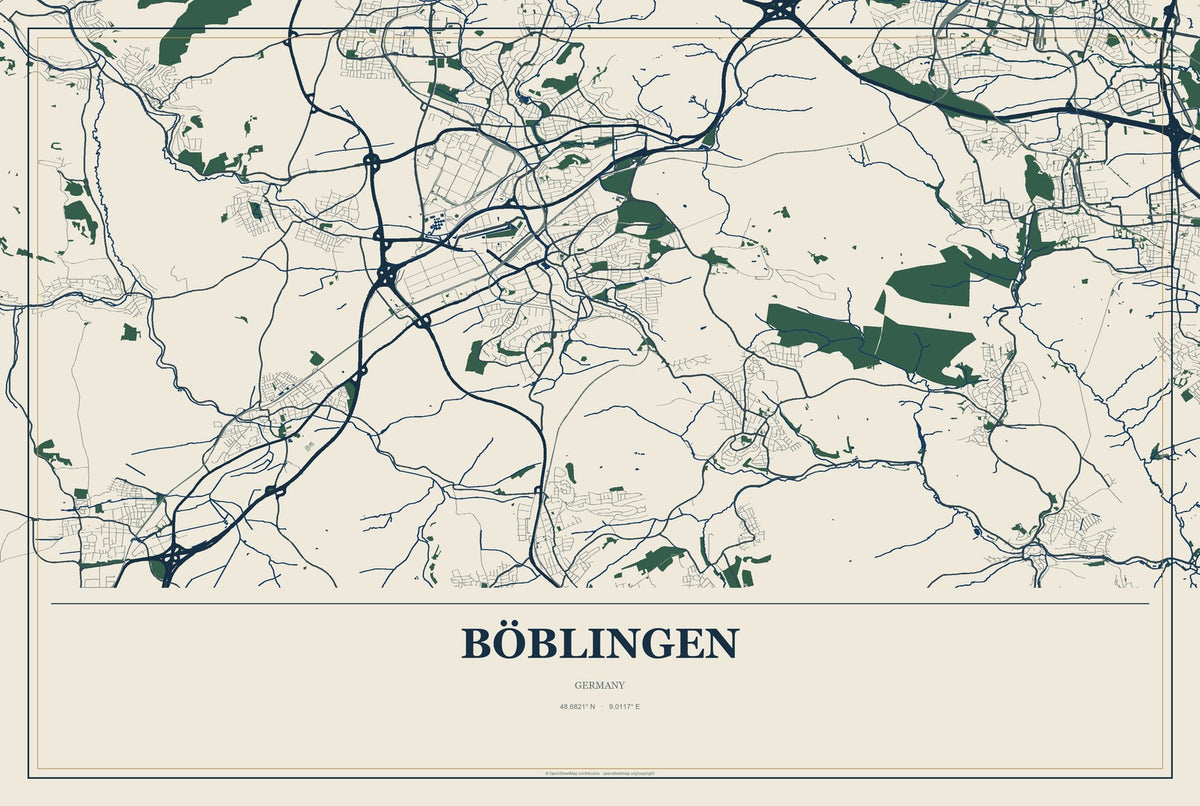 Böblingen, Germany City Map Aluminum Sign in Coastal Cutout style