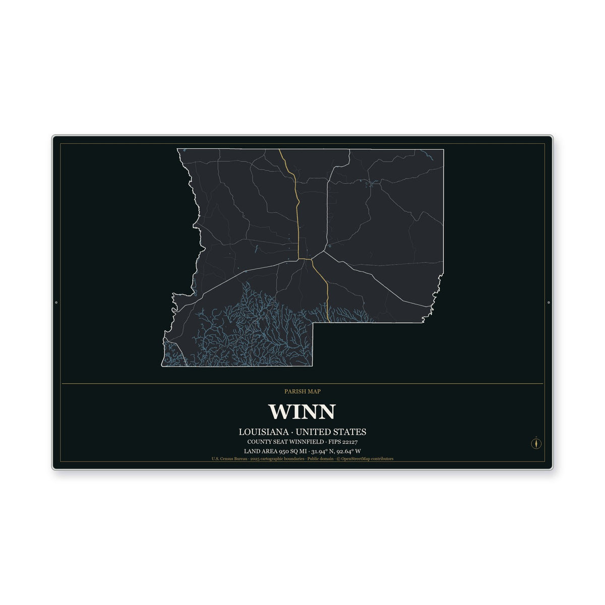Winn Parish, Louisiana Map Aluminum Sign in Metropolitan Noir style