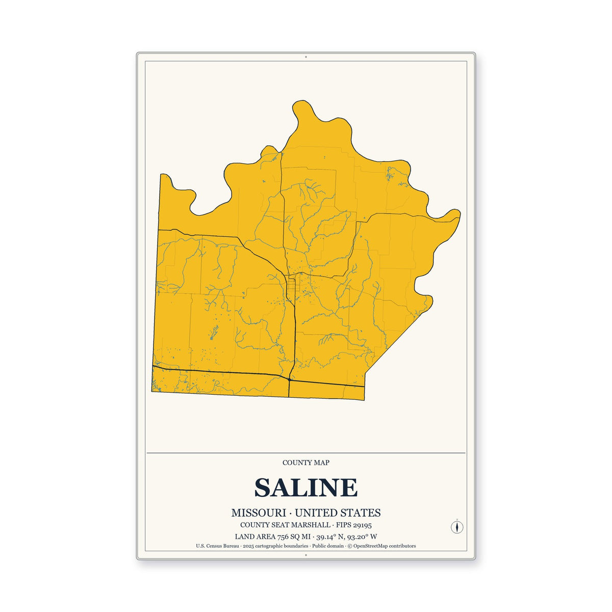 Saline County, Missouri Map Aluminum Sign in Citrine Modern style