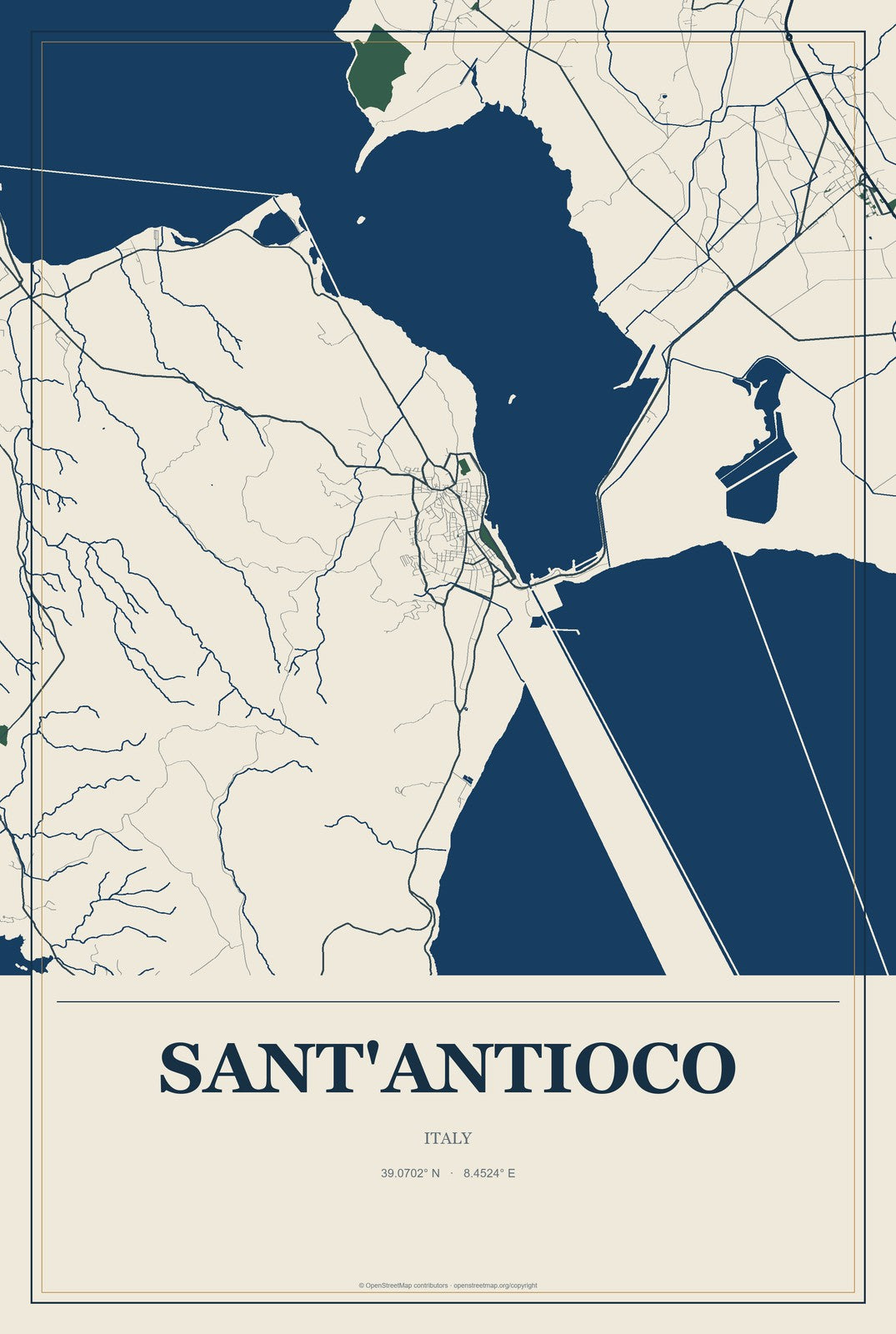 Sant'Antioco, Italy City Map Aluminum Sign in Coastal Cutout style