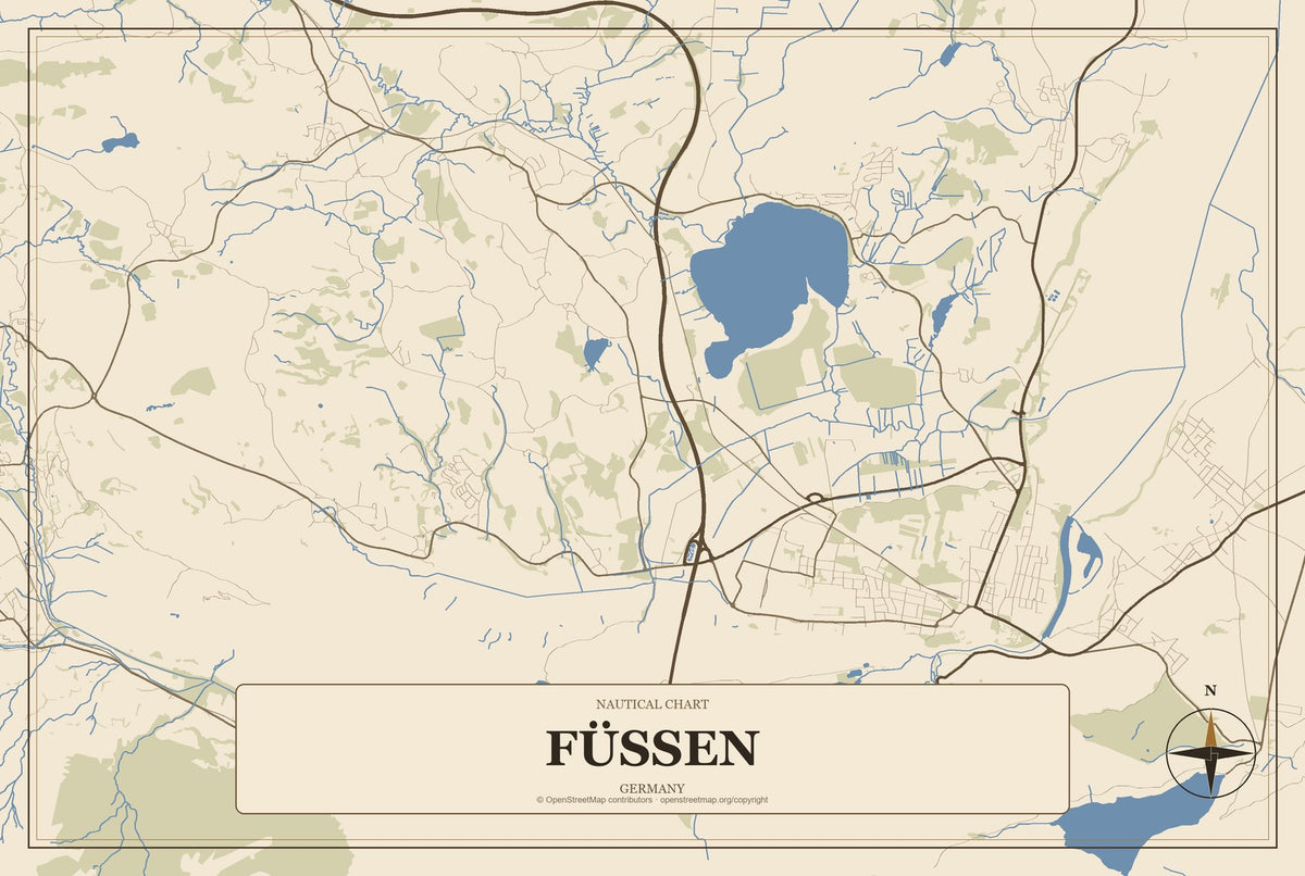 Füssen, Germany City Map Aluminum Sign in Heritage Nautical style