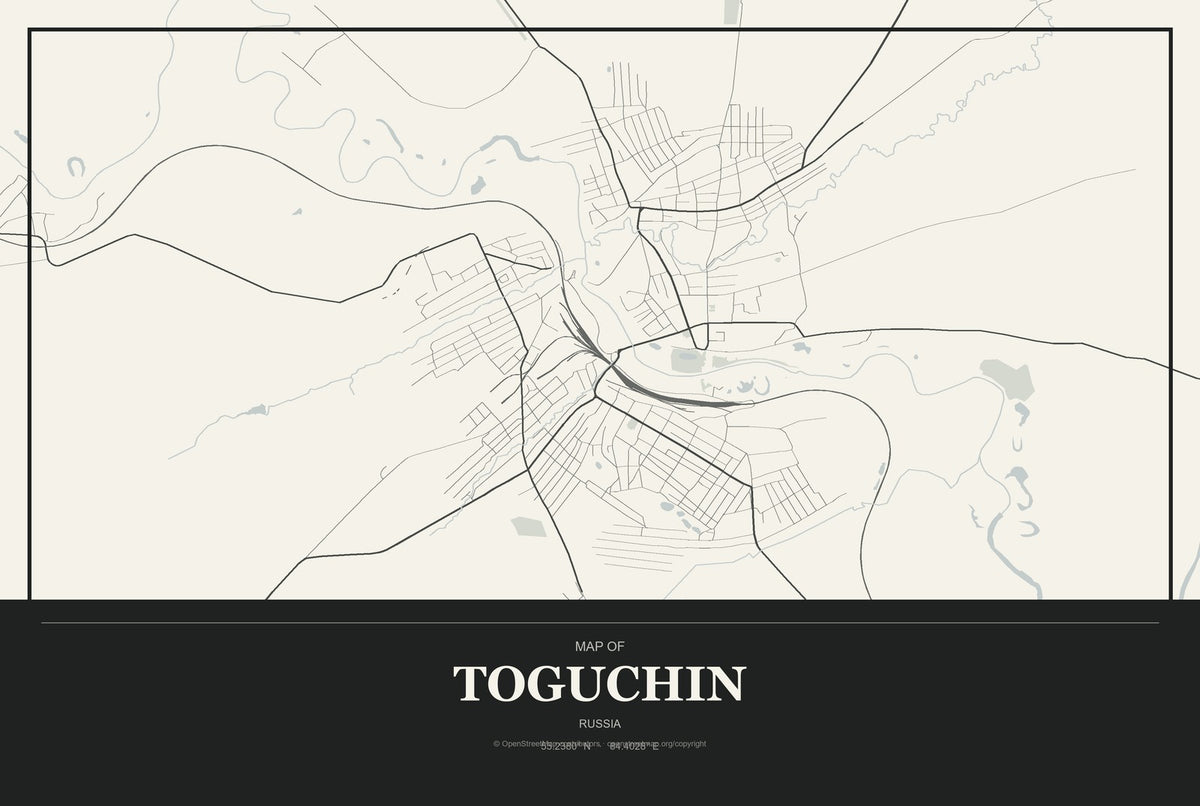 Toguchin, Russia City Map Aluminum Sign in Museum Plaque style