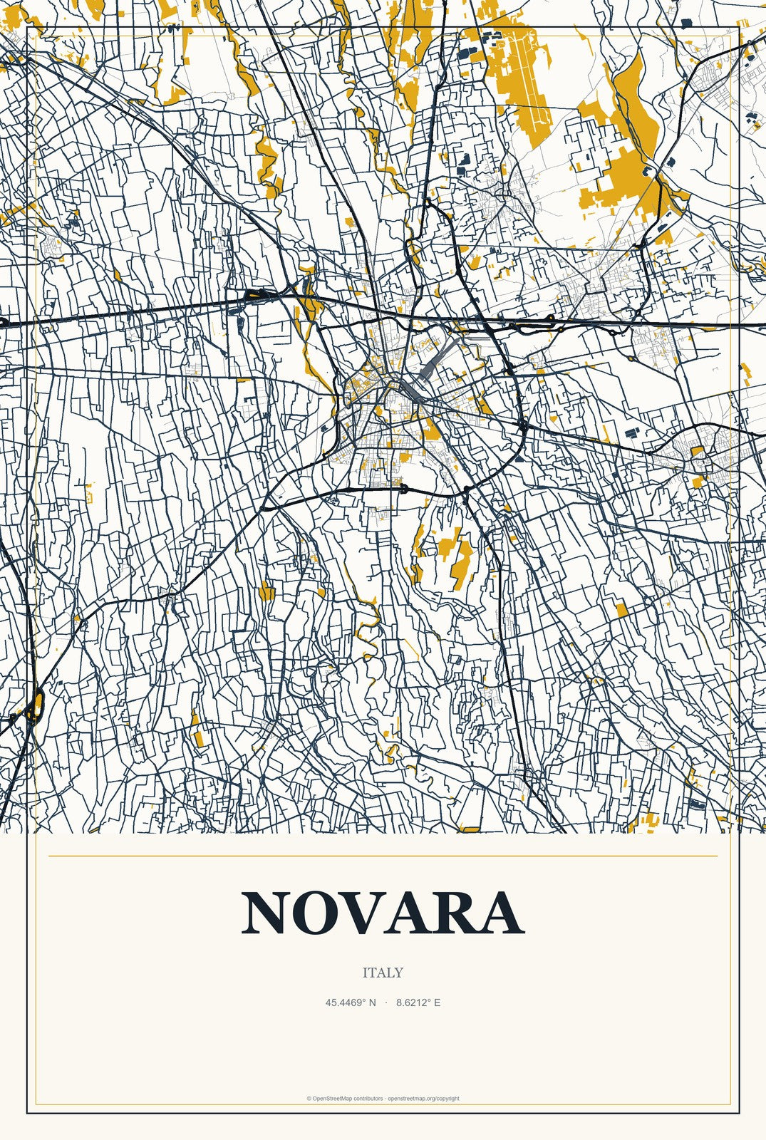 Novara, Italy City Map Aluminum Sign in Citrine Modern style