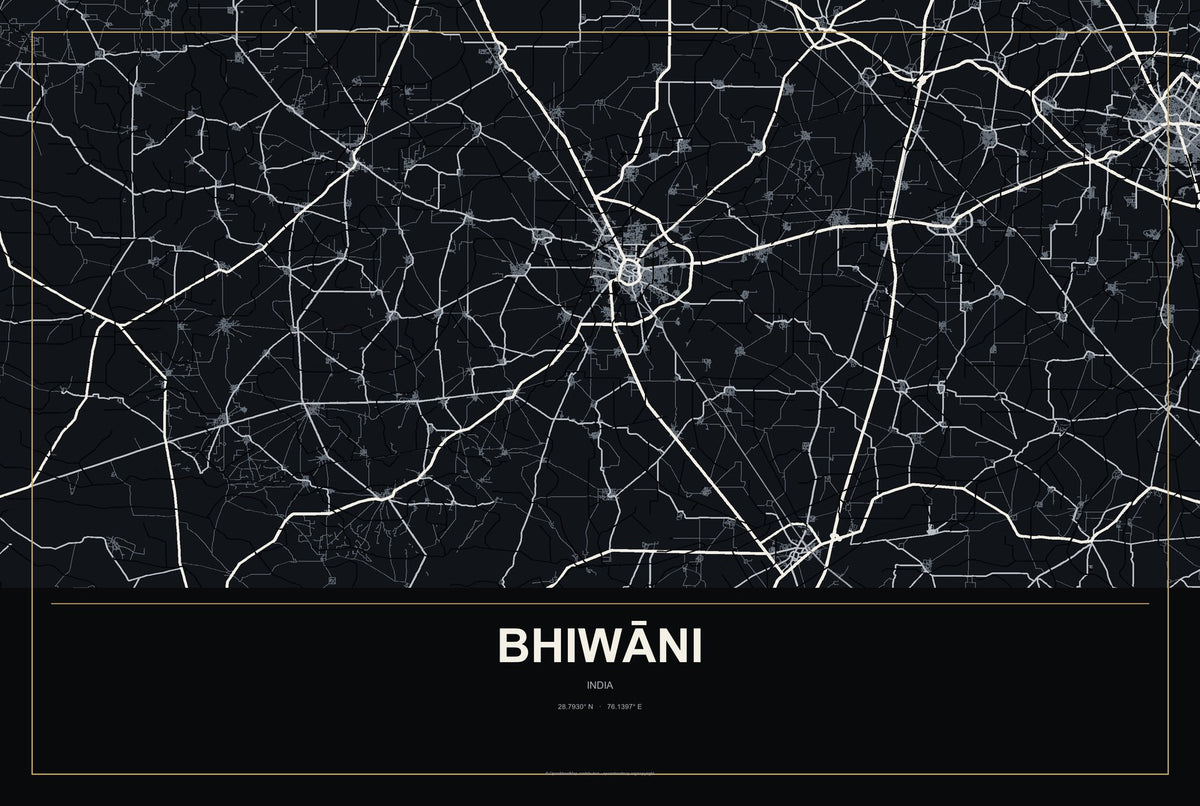Bhiwāni, India City Map Aluminum Sign in Metropolitan Noir style