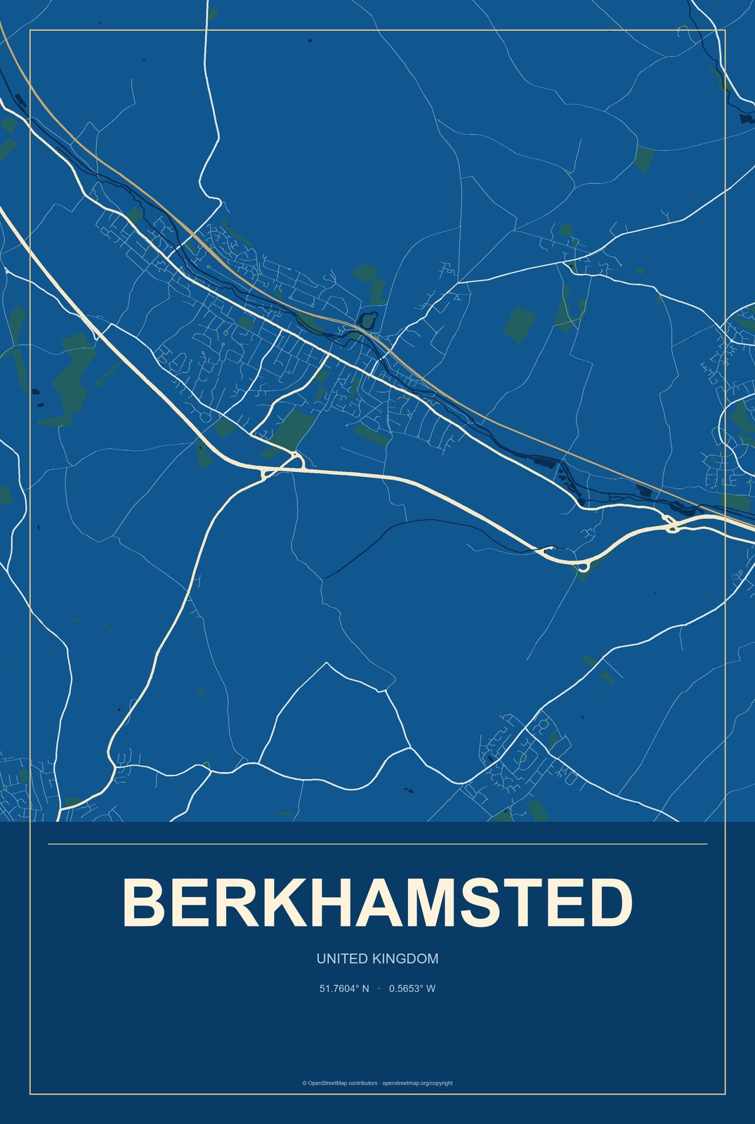 Berkhamsted, United Kingdom City Map Aluminum Sign in Harbor Cobalt style