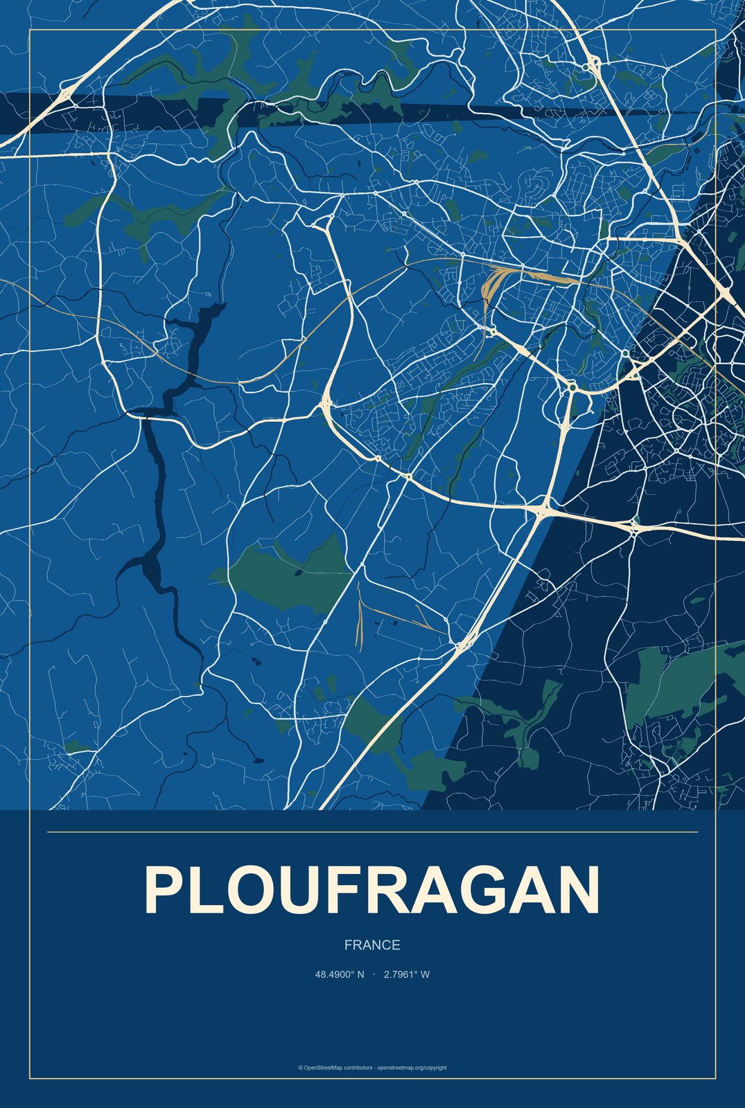 Ploufragan, France City Map Aluminum Sign in Harbor Cobalt style