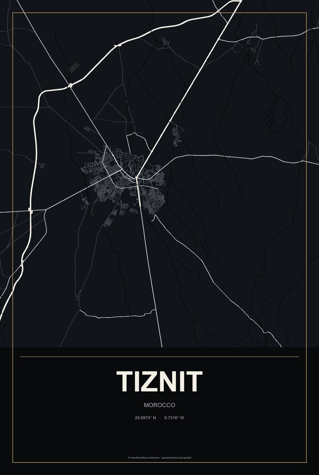 Tiznit, Morocco City Map Aluminum Sign in Metropolitan Noir style
