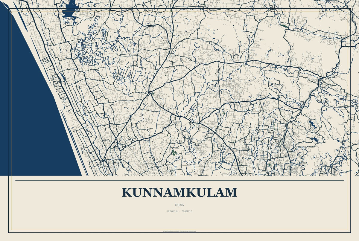 Kunnamkulam, India City Map Aluminum Sign in Coastal Cutout style