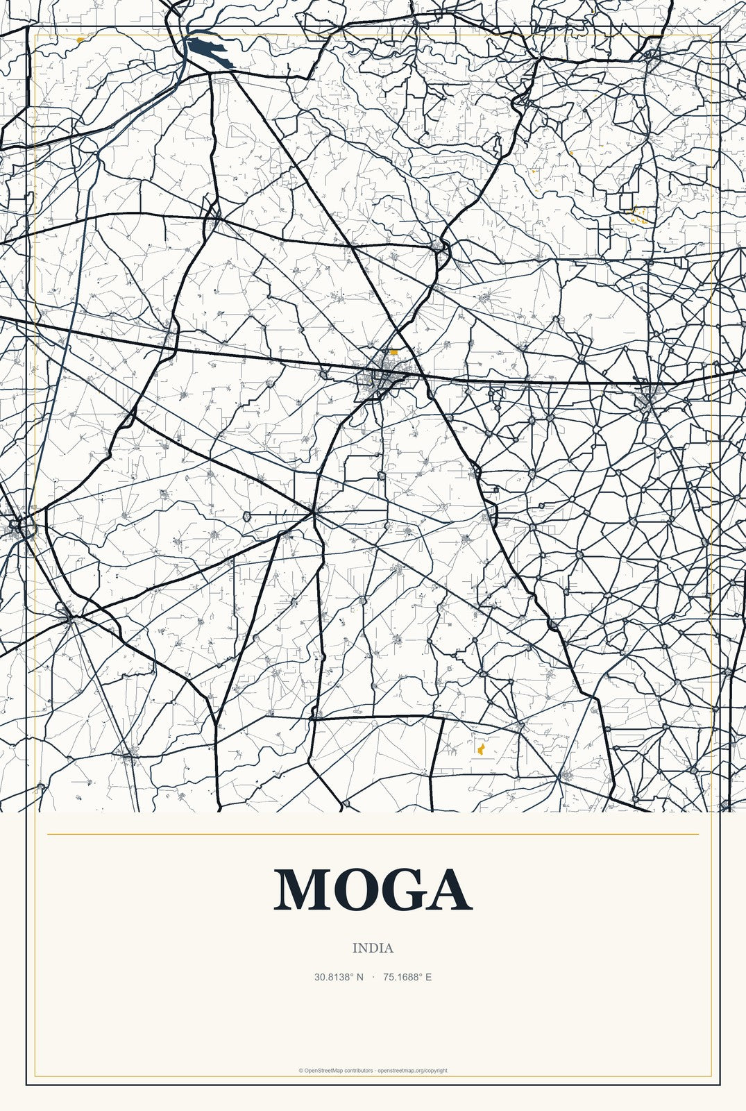 Moga, India City Map Aluminum Sign in Citrine Modern style