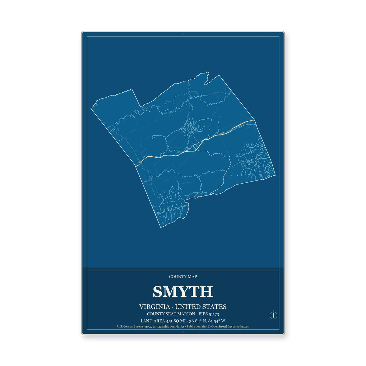 Smyth County, Virginia Map Aluminum Sign in Harbor Cobalt style