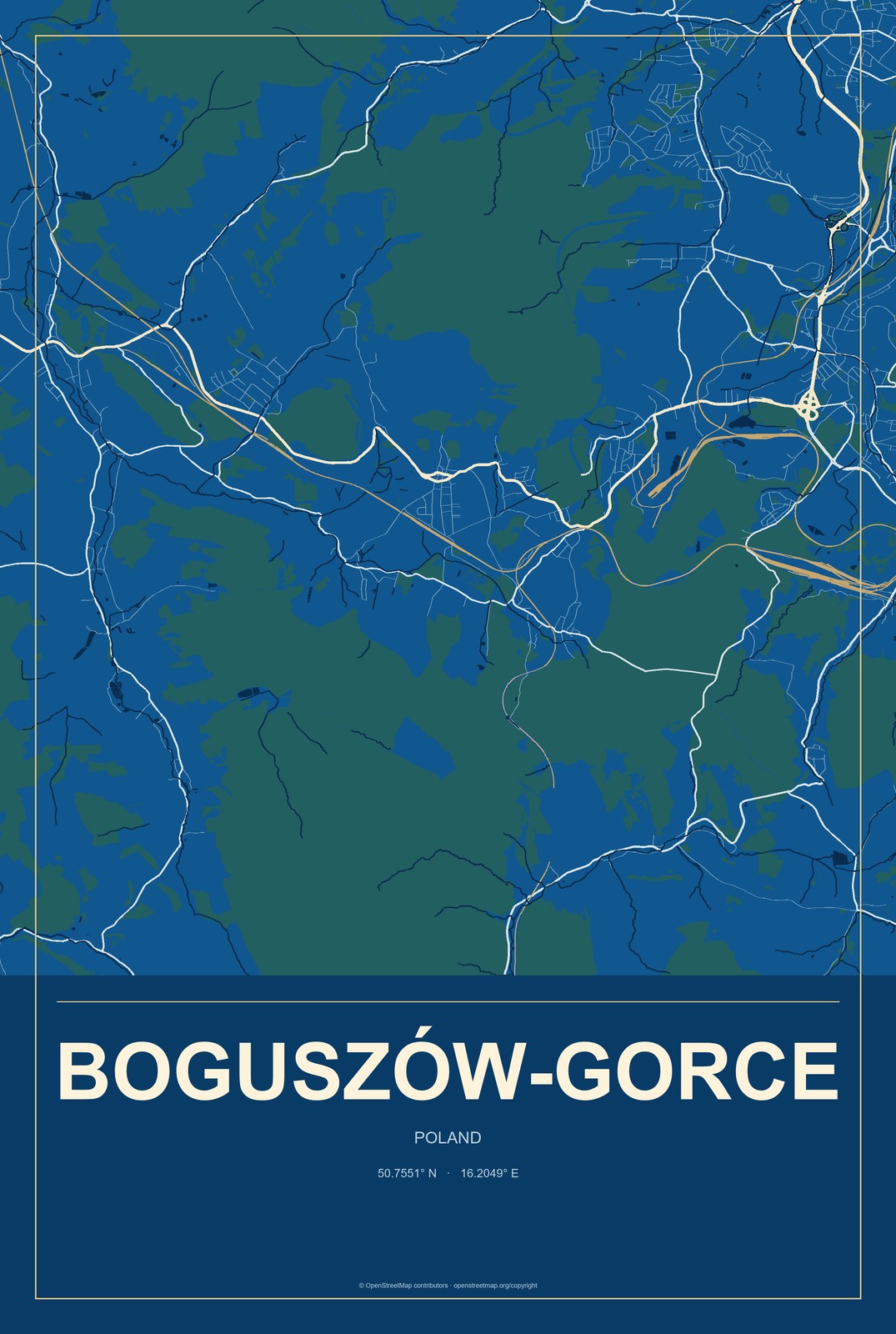 Boguszów-Gorce, Poland City Map Aluminum Sign in Harbor Cobalt style