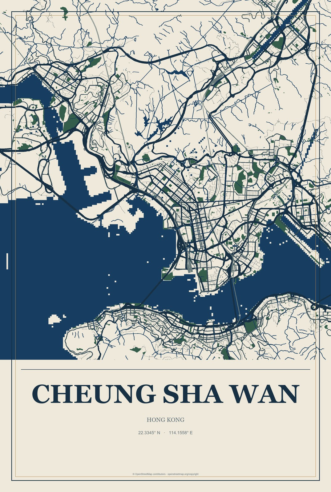 Cheung Sha Wan, Hong Kong City Map Aluminum Sign in Coastal Cutout style