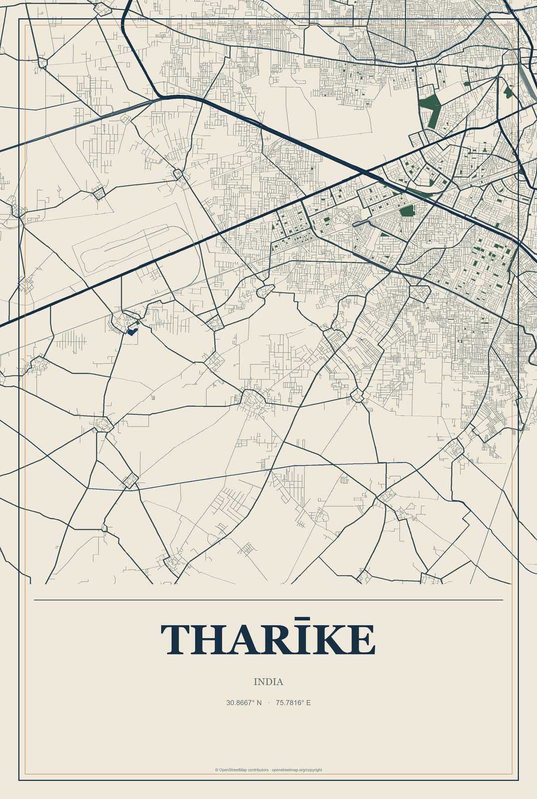 Tharīke, India City Map Aluminum Sign in Coastal Cutout style