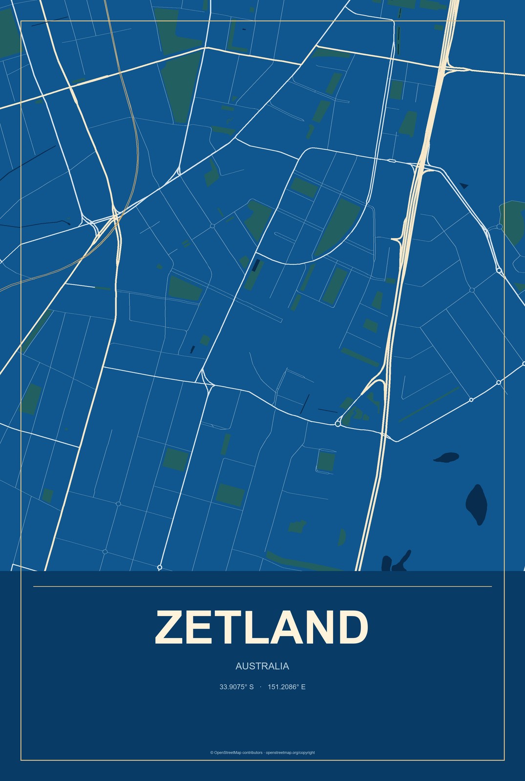 Zetland, Australia City Map Aluminum Sign in Harbor Cobalt style