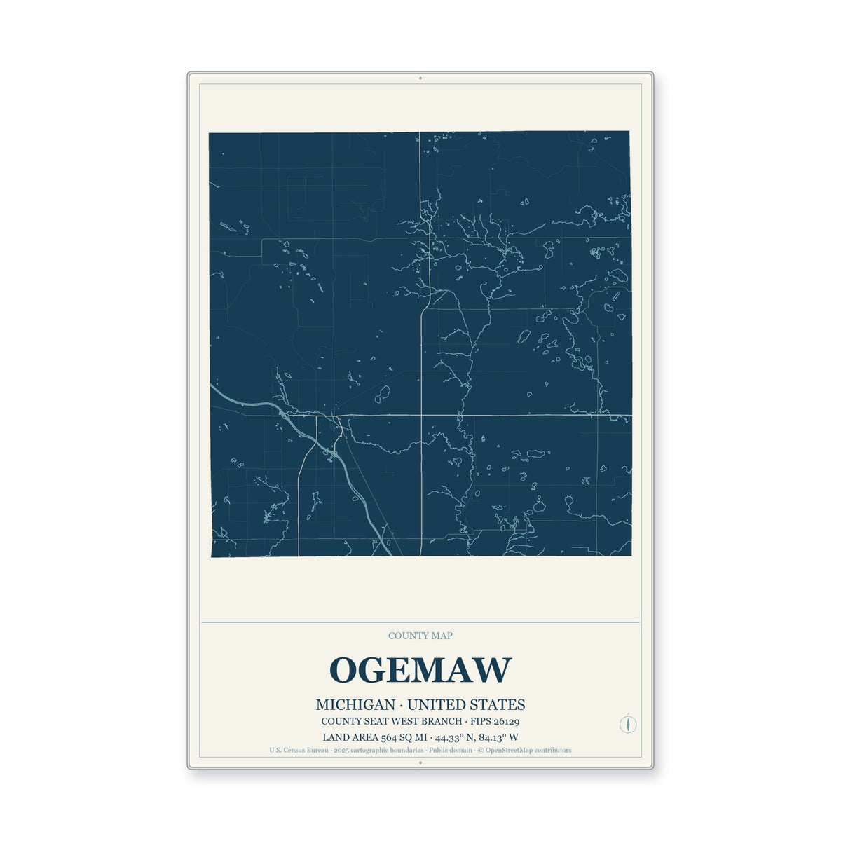 Ogemaw County, Michigan Map Aluminum Sign in Coastal Cutout style