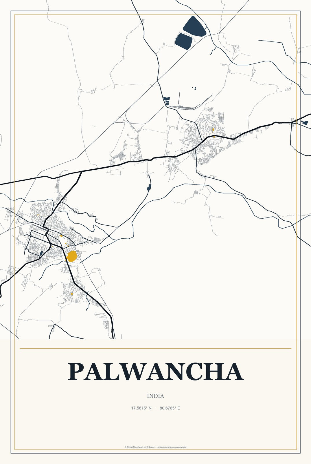 Palwancha, India City Map Aluminum Sign in Citrine Modern style