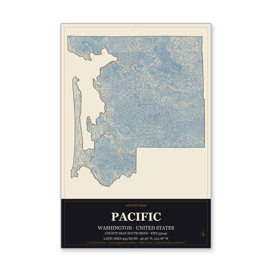 Pacific County, Washington Map Aluminum Sign in Museum Plaque style