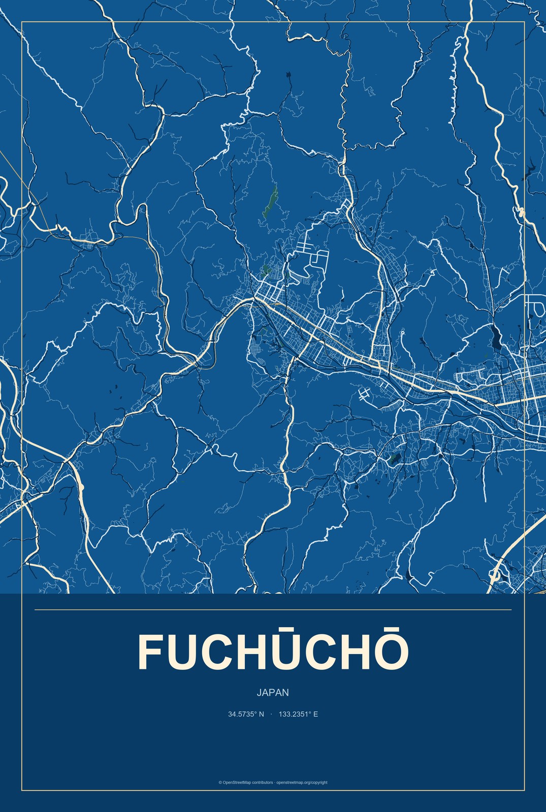 Fuchūchō, Japan City Map Aluminum Sign in Harbor Cobalt style