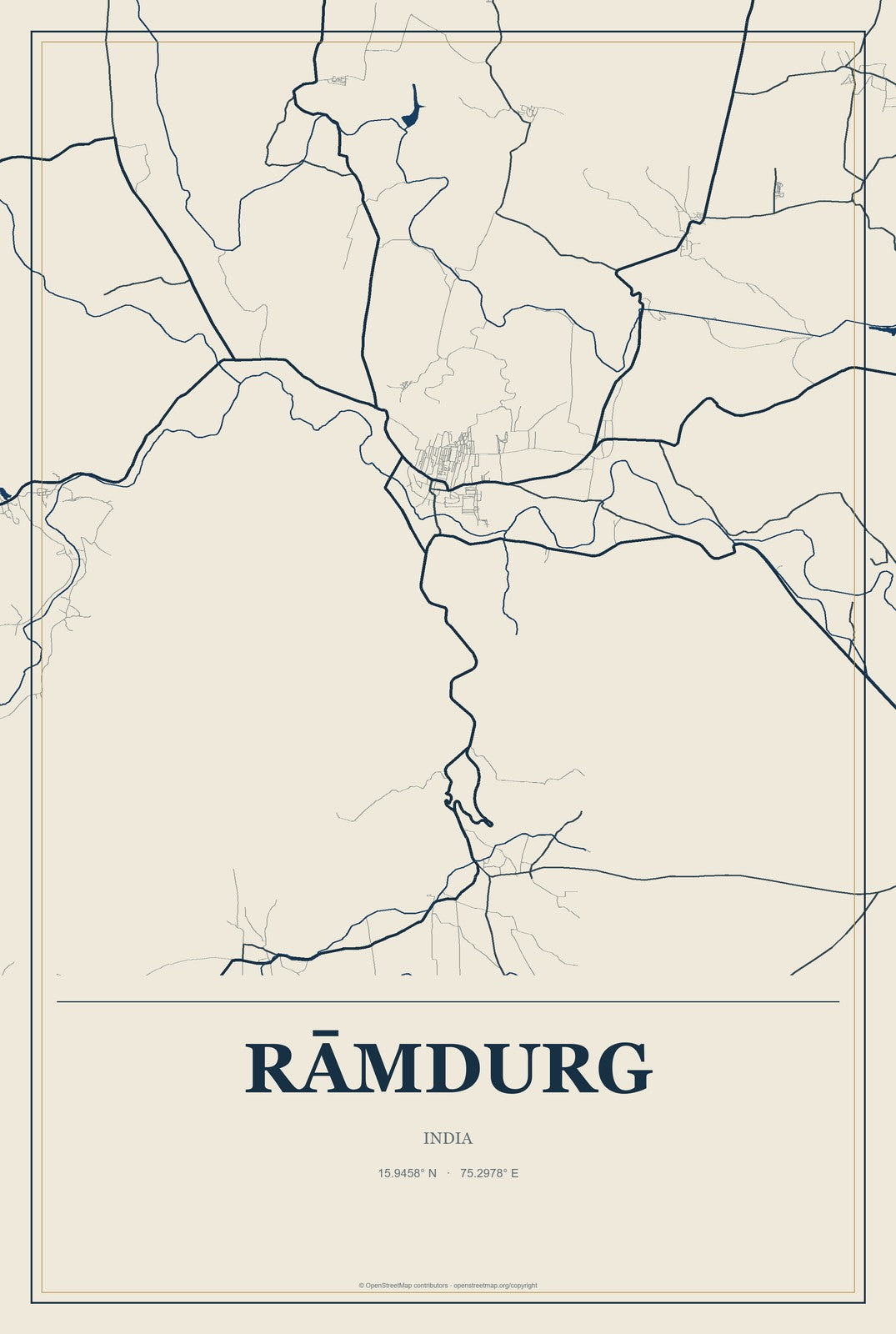 Rāmdurg, India City Map Aluminum Sign in Coastal Cutout style