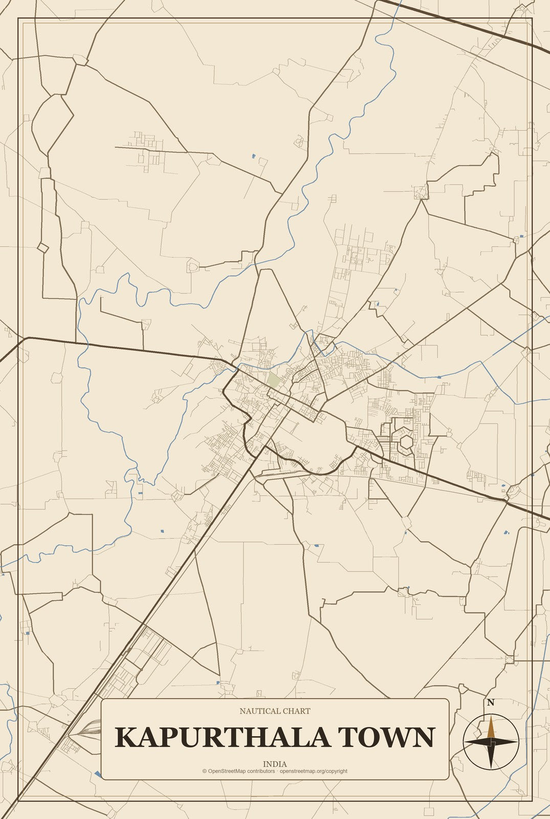 Kapurthala Town, India City Map Aluminum Sign in Heritage Nautical style