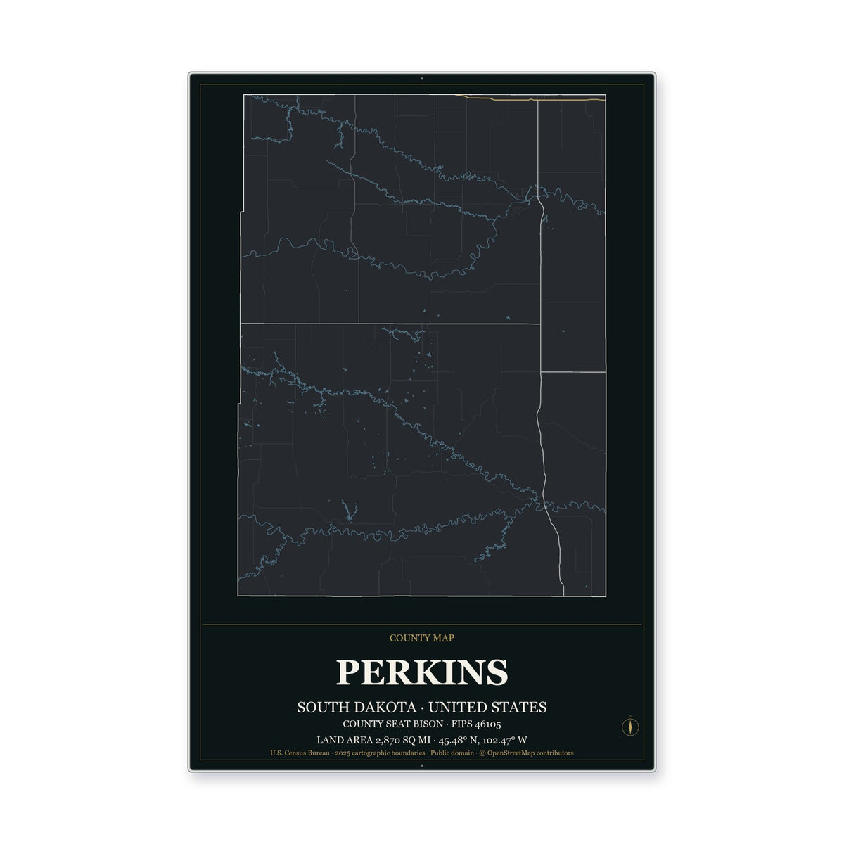Perkins County, South Dakota Map Aluminum Sign in Metropolitan Noir style