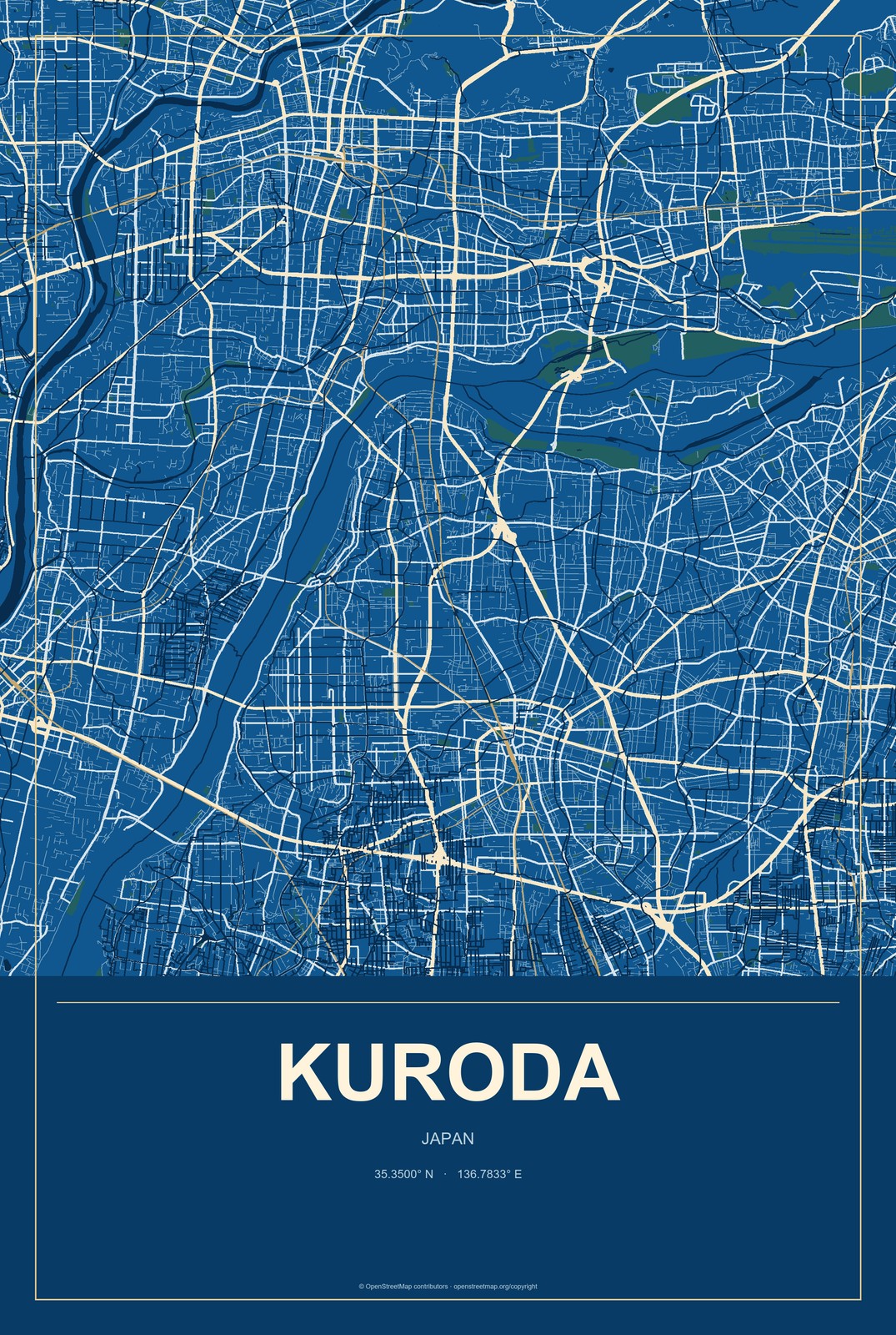 Kuroda, Japan City Map Aluminum Sign in Harbor Cobalt style