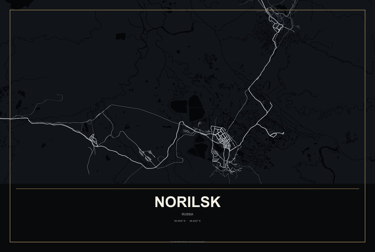 Norilsk, Russia City Map Aluminum Sign in Metropolitan Noir style