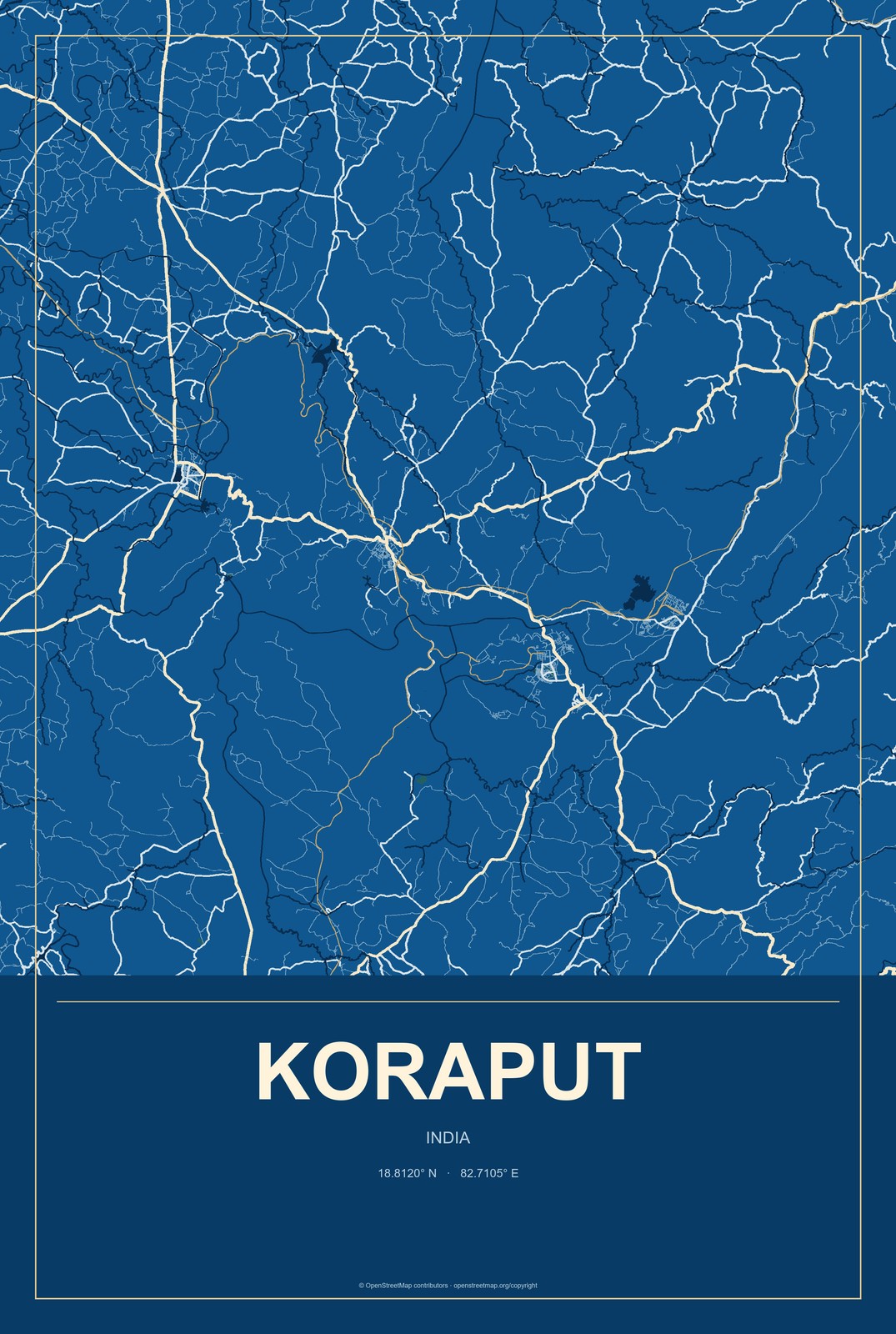 Koraput, India City Map Aluminum Sign in Harbor Cobalt style